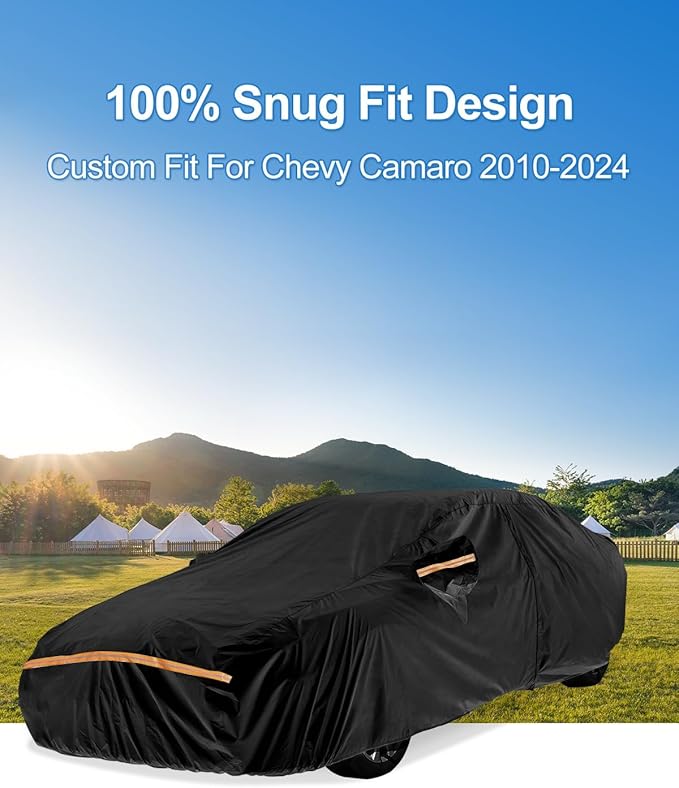 Car Cover Waterproof All WeatherCustom Fit for Chevy Camaro 2010-2025, Heavy Duty Outdoor Full Exterior Cover for Automobiles, Sun Rain UV Dust Snow Protection with Door Zipper-Black