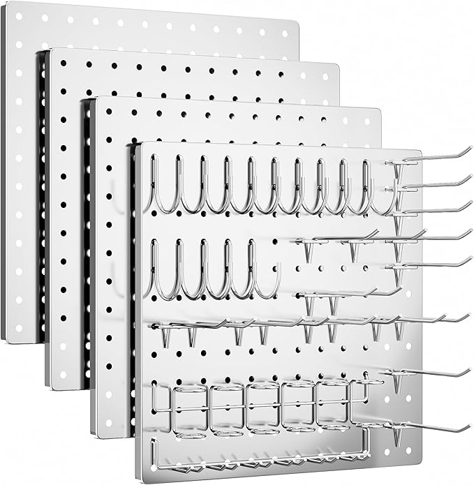 FZK Peg Board, 4 Pack Metal Pegboard Kit,Silver Pegboard Wall Organizer with 32 Pcs Hooks, Peg Board for Walls Home, Garage Tool Storage, Office Organization, Kitchen, Craft Room