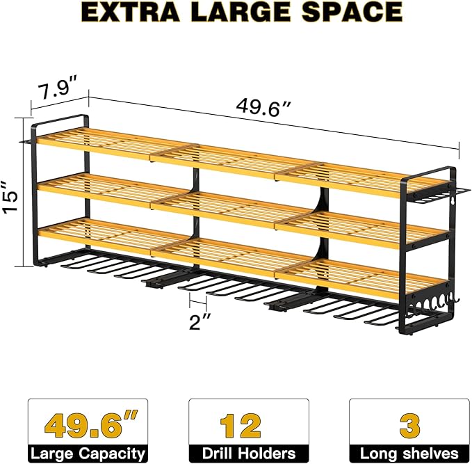 NattyDot 48" Large Power Tools Organizer Wall Mount,12 Drill Holder for Garage, Workshop Heavy Duty Storage Rack (Yellow)