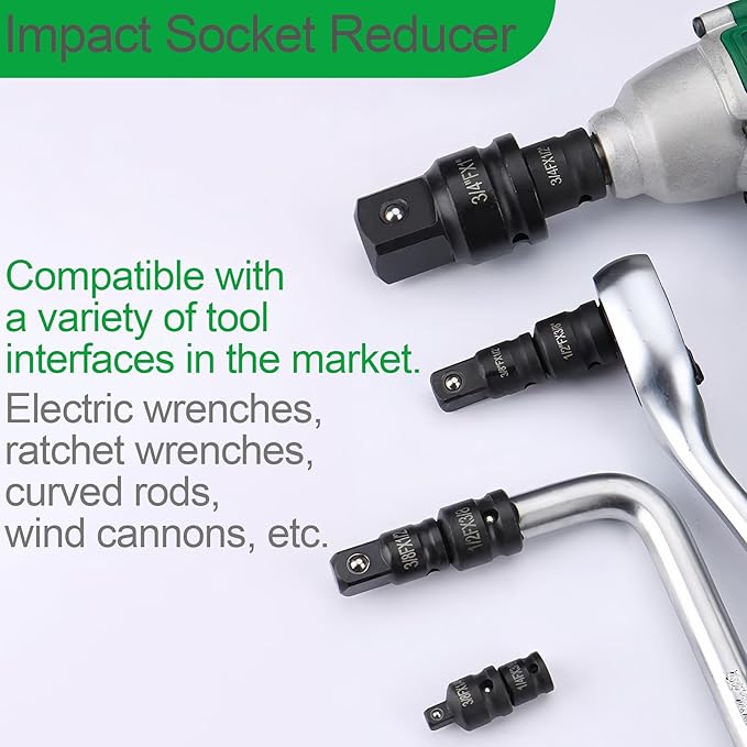 1/2" Drive (Female) x 3/8" (Male) Impact Socket Reducer, CR-MO Steel, Compatible with Air Impact Wrenches, Breaker Bars, Ratchets