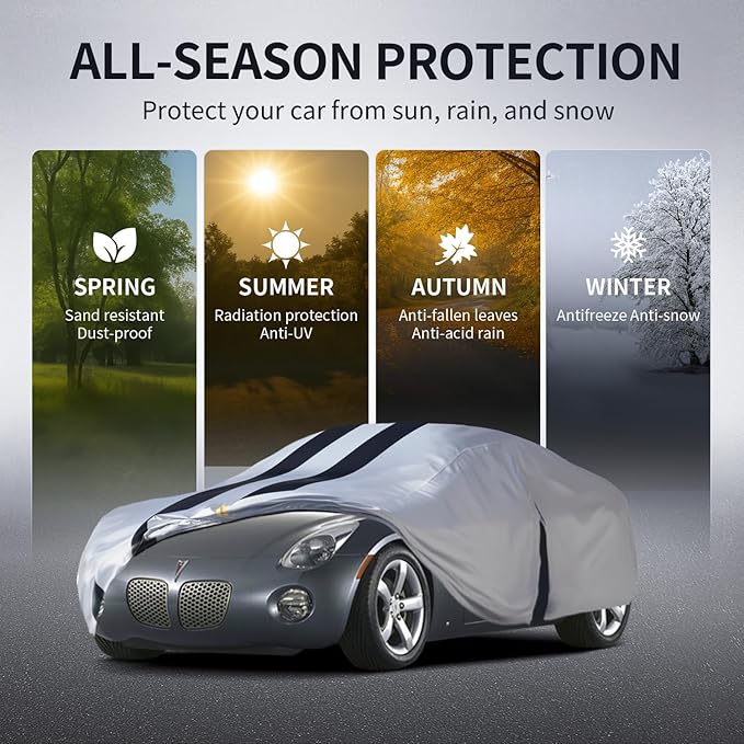 Multi-Layer Car Cover Custom Fit for Pontiac Solstice(2005-2009), 100% Waterproof All Weather for Automobiles, Gift with Towel, Heavy Duty Car Covers for Rain Sun UV Protection with Door Zipper