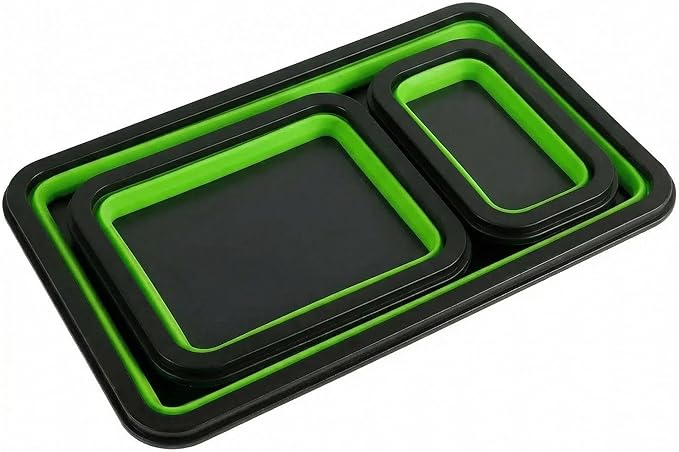 Collapsible Magnetic Parts Tray Set of 3 Different Size, Foldable Silicone Tool Trays for Screws, Bolts, Nuts and Other Small Metal Parts (Green)