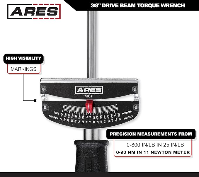 ARES 70214-3/8-inch Drive Beam Torque Wrench - 0-800 Inch/Pounds and 0-90 Newton/Meter Torque Wrench - High Visibility Markings for Easy Readings