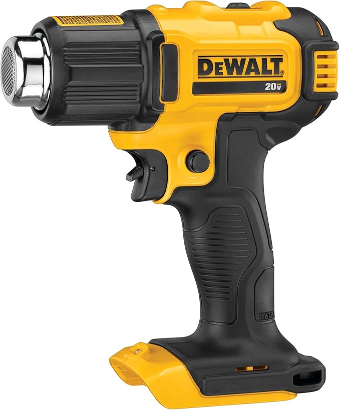 DEWALT 20V MAX Heat Gun, Cordless, Up to 990 Degrees, 42 Minutes of Run Time, LED Light, Heatgun with Flat and Hook Nozzle Attachments,Tool Only (DCE530B)
