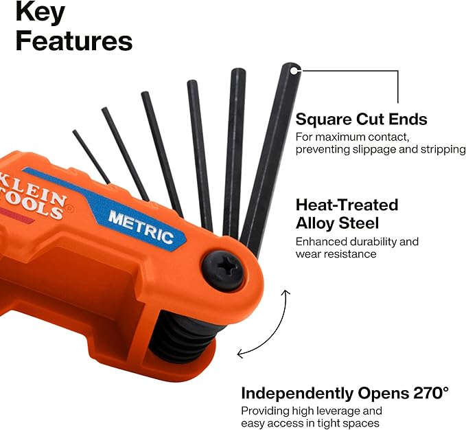 Klein Tools 70590 Compact Folding Hex Key, Metric and SAE Combo Set, 12 Keys, Industrial Strength Heat Treated Alloy Steel