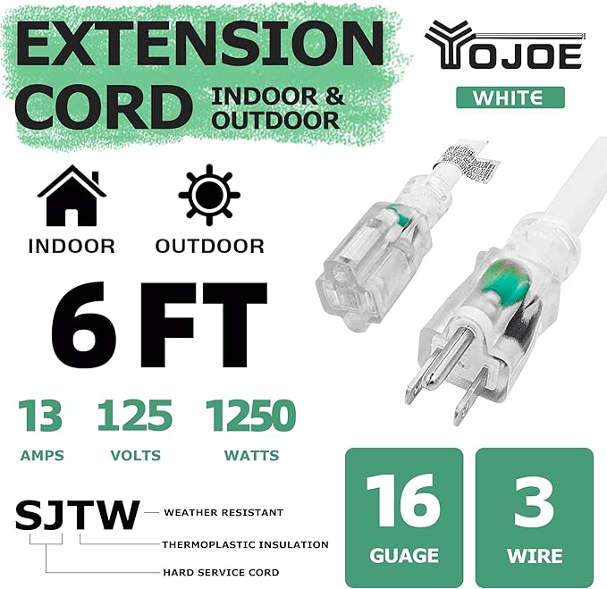 YOJOE Indoor Outdoor Extension Cord with Lighted End, 3 Prong 13A Weatherproof Power Cord, 16 Gauge Heavy Duty 6 ft White Extension Cord for Garage, Garden and Home, 16/3 SJTW UL Listed