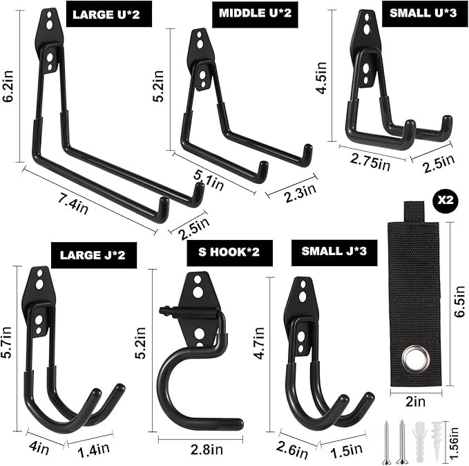 Garage Hook Heavy Duty Wall Storage Hangers, 16 Pack Garage Storage Hooks Steel Tool Organizer Black for Ladders, Ropes, Garden Tools
