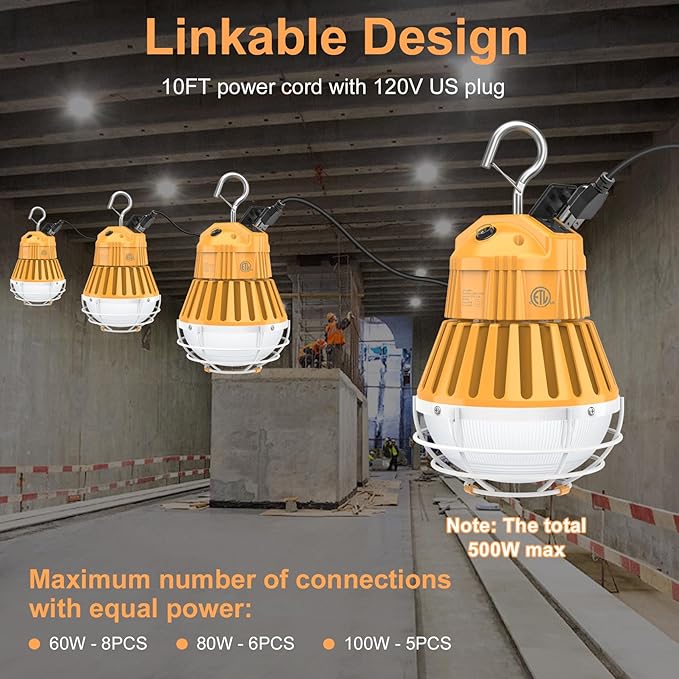 LED Temporary Work Light,36W/48W/60W Adjustable,4500K/5000K/5700K CCT Adjustable Construction Light with 10ft Cable Plug and Sturdy Hooks Linkable LED Work Job Site Lighting ETL Listed AC100-277V