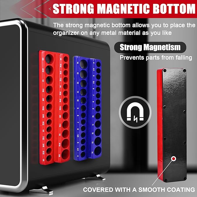 2-Piece Magnetic Socket Holder - 1/4 Inch Drive Metric SAE Socket Trays Tool Storage Set - Holds 52 Sockets for Tool Box Drawer
