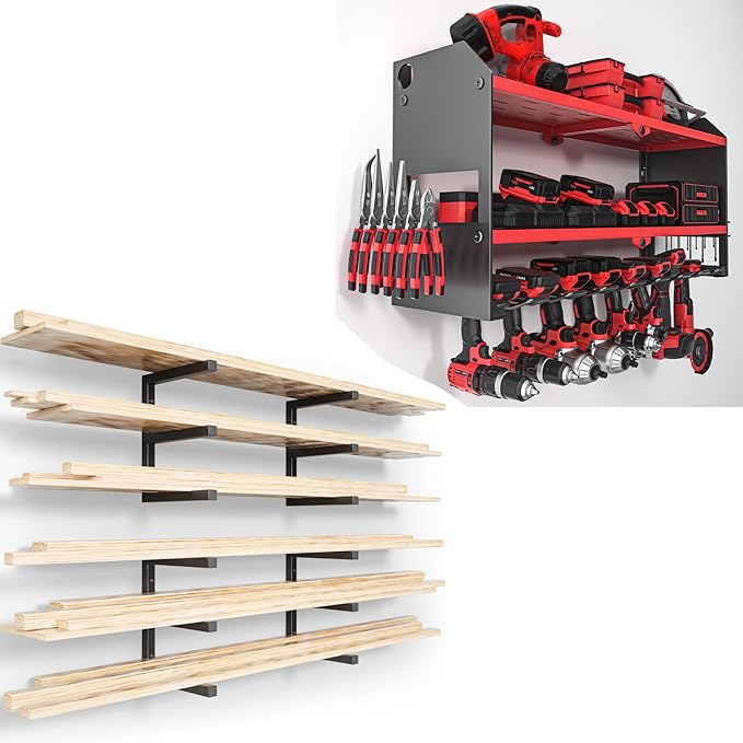 YYR Heavy Duty 6-Level Lumber Storage Rack - Orange & 32 Inch 8 Slots Power Tool Organizer Wall Mount