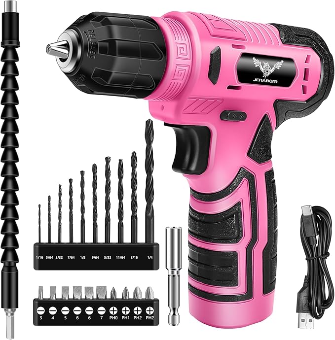 8V Cordless Drill, Electric Screwdriver for Women, Pink Drill Set with 3/8"Keyless Chuck, Built-in LED, Type-C Charge Cable, Variable Speed Trigger