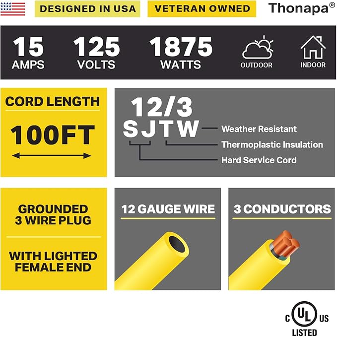 Thonapa 100 Foot Outdoor Extension Cord - 12/3 Heavy Duty Yellow Extension Cable with 3 Prong Grounded Plug for Safety - Great for Garden and Major Appliances