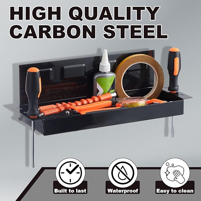 Tandefio 2 Pcs 12" Magnetic Tool Box Tray with Screwdriver Holder Magnetic Can Holder Spray Can Organizer Magnetic Tool Shelf for Hand Tools Store Shop Workshop Garage, Holds 6 Screwdrivers (Black)