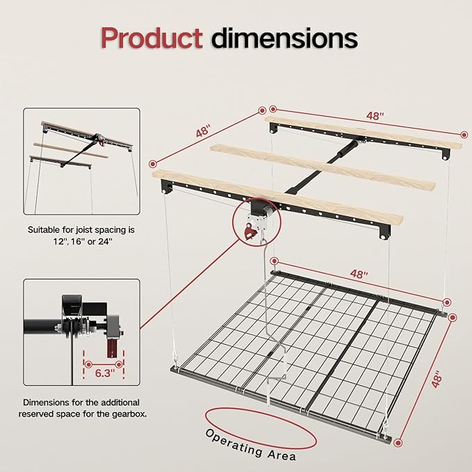 Overhead Garage Storage Rack for 10–12 FT Ceiling, Heavy-duty 4x4 FT Ceiling Storage Racks with Safety Lock, Ideal for Garage Storage Mounted Lift System and Storage Organizer, 250lbs Capacity