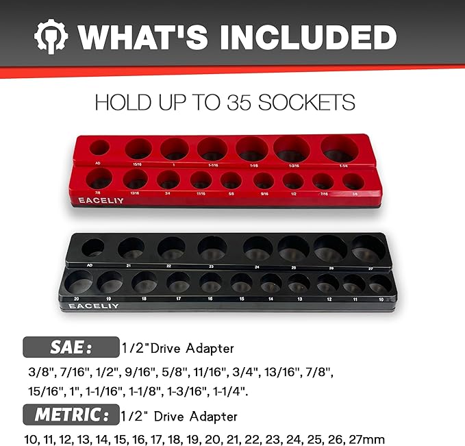 1/2" Magnetic Socket Organizer Set, 2-Piece SAE & Metric Socket Holder Kit,，Tools tray， holds 35 Deep and Shallow 1/2" Sockets, attaches to steel box/tool cart (sockets not included)