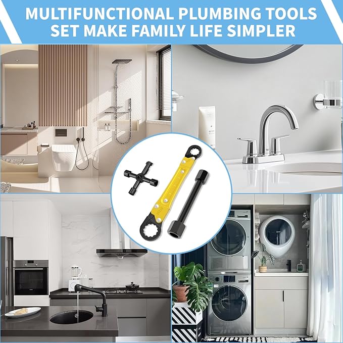 Plumbing Tools Angle Stop Wrench Kit - 3-Piece Plumber Tool Set with Compression Sleeve Puller & 4-Way Sillcock Key - Fits 3/8" & 1/2" MPT Ferrule Removal Tool for Tight Spaces Under Sink-Yellow