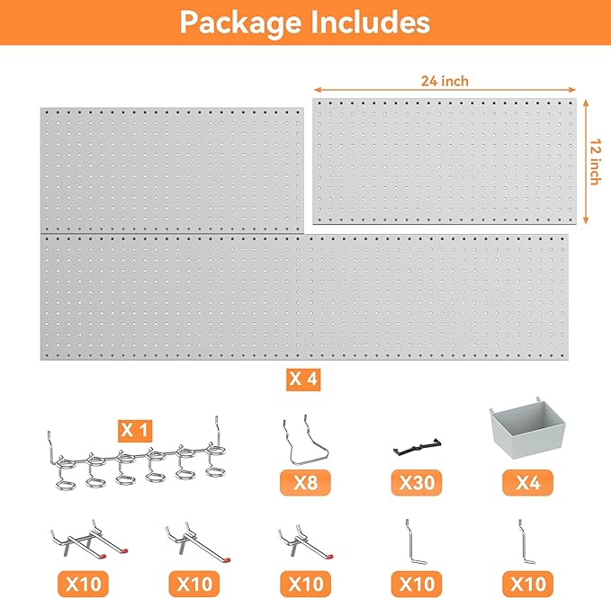 WALMANN Metal Pegboard Kit with Accessories for Wall Garage Tools Storage Pegboard for Garage, Workbench, Modular Peg Board Tool Organizer Board with Hooks(Grey)