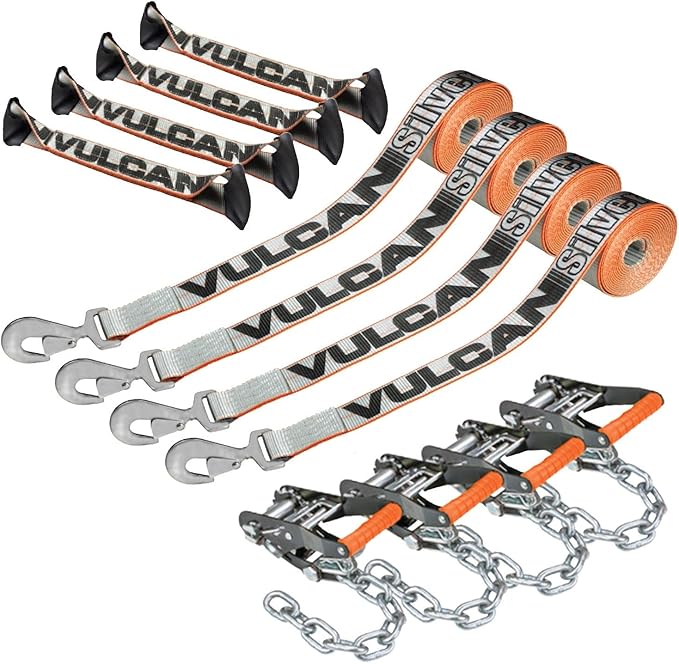 VULCAN 8-Point Roll Back Vehicle Tie Down Kit with Snap Hook on Strap Ends and Chain Tail on Ratchet Ends - Set of 4 - Silver Series