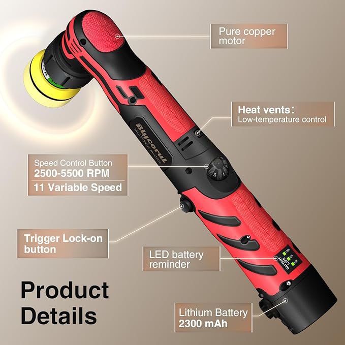 Cordless Mini Polisher,1/1.5/2Inch,DA&RO with 11 Variable Speed 2500-6000 RPM,2 * 2.3Ah Rechargeable Batteries,Red Car Detailing Micro Polisher