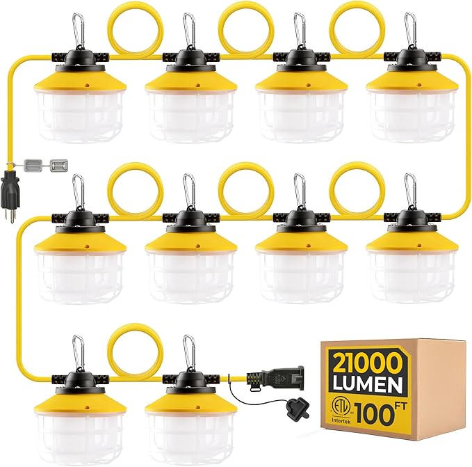 100FT Construction String Lights: 3 Prong 150W Ultra-bright 21000 lumens ETL Listed Linkable Industrial Outdoor Temporary Lighting IP65 Waterproof Hanging Led Work Light for Attic Jobsite Garage Shop