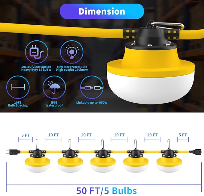 New Upgrade 50FT Construction String Lights LED Industrial Grade Best for Construction Sites,Renovation, Walkways,Patio,Mine cave,Outdoor Lighting Solutions Use,Free for Climbing Hook 2Prong