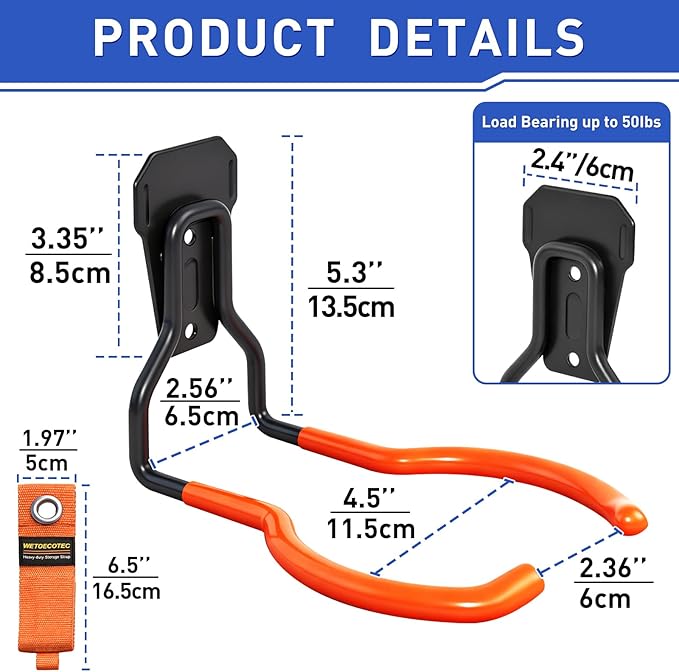 Heavy Duty Garden Power Tool Hanger, Garage Storage Utility Hooks with Storage Straps, Electric Tool Hooks, String Trimmer Hangers, Garden Tool Organizer, Weedeater Rack (1, Orange)