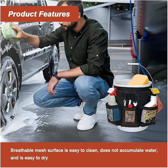5 Gallon Bucket Tool Organizer Bag, Multi-Purpose Car Bucket Wash Tool with Mesh Storage Pockets, Universal Vehicle Cleaning Supplies Accessories for Home, Gardening, Fishing