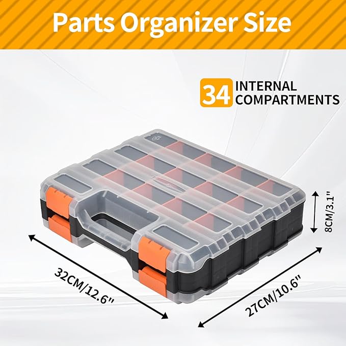 2 Pack Small Parts Organizer, 34-Compartments Hardware Organizer Box, Double Side Storage Case Tools Box with Removable Dividers for Screws, Bolts, Nails, Beads, Jewelry & More