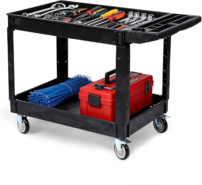 2 Tier Metal Utility Cart,330 Lbs Metal Heavy Duty Utility Cart On Wheels,2 Shelf Steel Rolling Tool Cart, Tool Storage Organizer for Mechanic, Garage, Workshop, Warehouse (Black, 46x25x33.5)