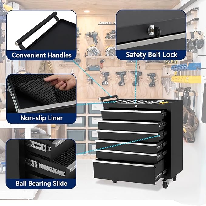 Rolling Tool Box with Wheels, 6 Drawer Tool Storage Cabinet, Portable Toolbox Organizer with Lock, Heavy Duty Tool Chest Cart for Garage, Mechanic, Workshop, Shop, Mobile Tool Organizer, Black