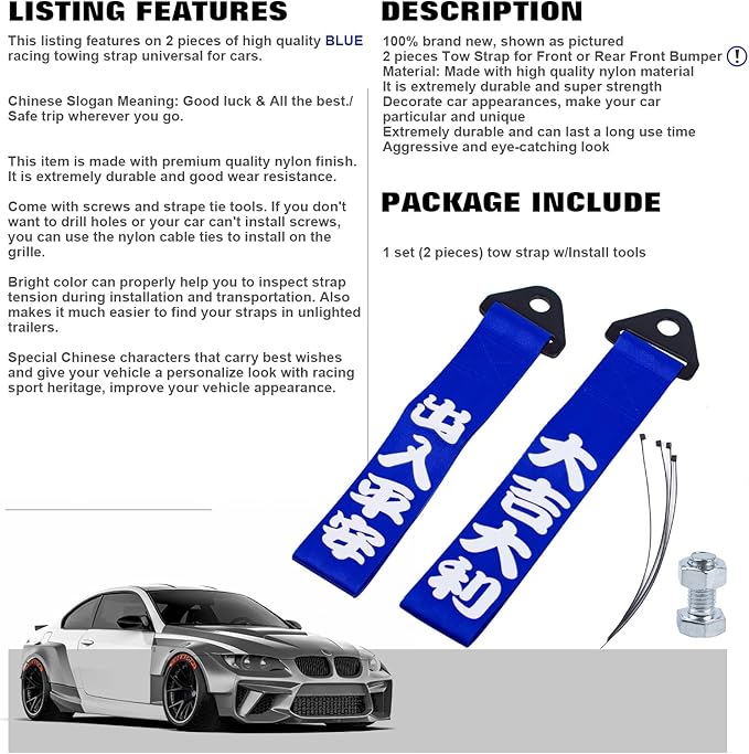 x xotic tech Tow Strap JDM Sports Blue Racing Tow Strap Car Modification Decorative Trailer Belt Personalized with Chinese Slogan Fit for Rear Front Bumper (Good Luck/Safe Trip Wherever You go)