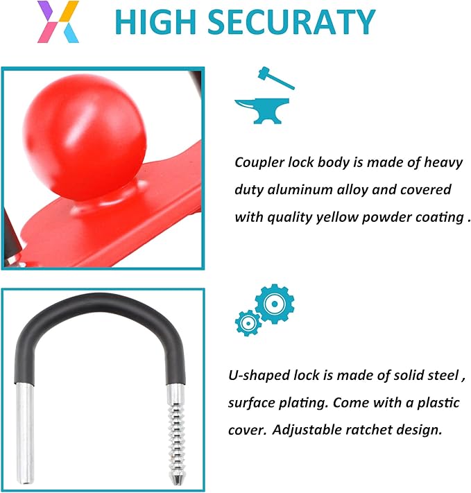 X-Haibei Trailer Locks Ball Hitch with Keys fit 1-7/8"", 2" and 2-5/16" Couplers, Universal Adjustable Trailer Coupler Lock Heavy Duty Aluminum Body, Copper Lock Cylinder for Boat Camper RV Red