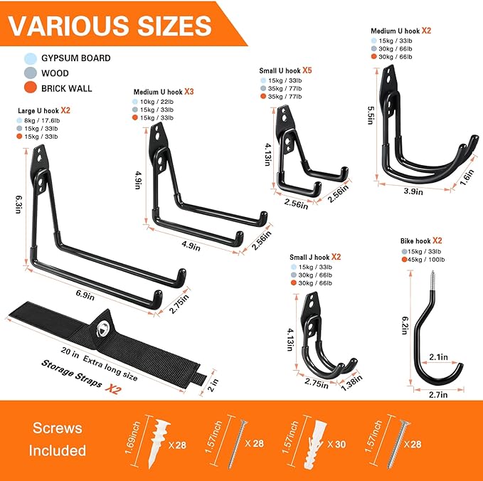 HUPBIPY 18 Pack Garage Hooks Heavy Duty Utility Steel with Anti-Slip Coating Wall Mount Storage Organizer for Hanging Power and Garden Tools, Ladders, Hose, Bikes, Ropes, Bulk Items, and More