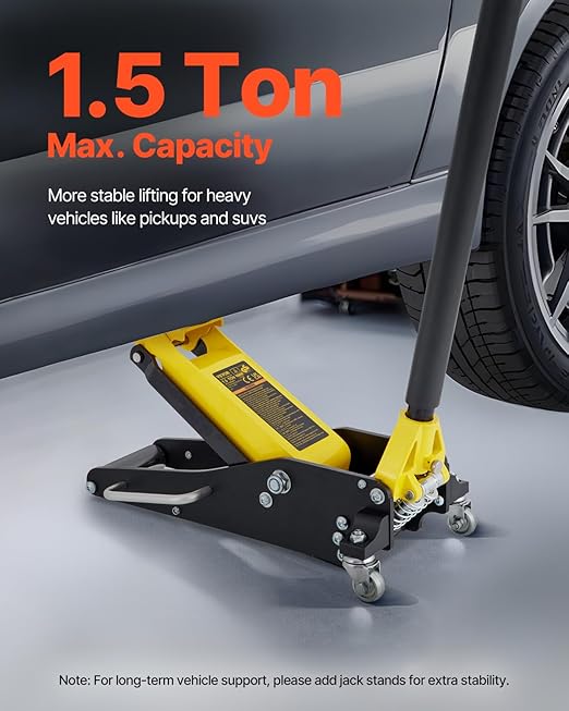 VEVOR Low Profile Floor Jack 1.5 Ton (3300 LBS), Aluminum and Steel Race Ground Elevator with Dual Pistons Quick Lift Pump Auto Repair Car Maintenance, Lifting Range 3-3/20"-14-10/27"