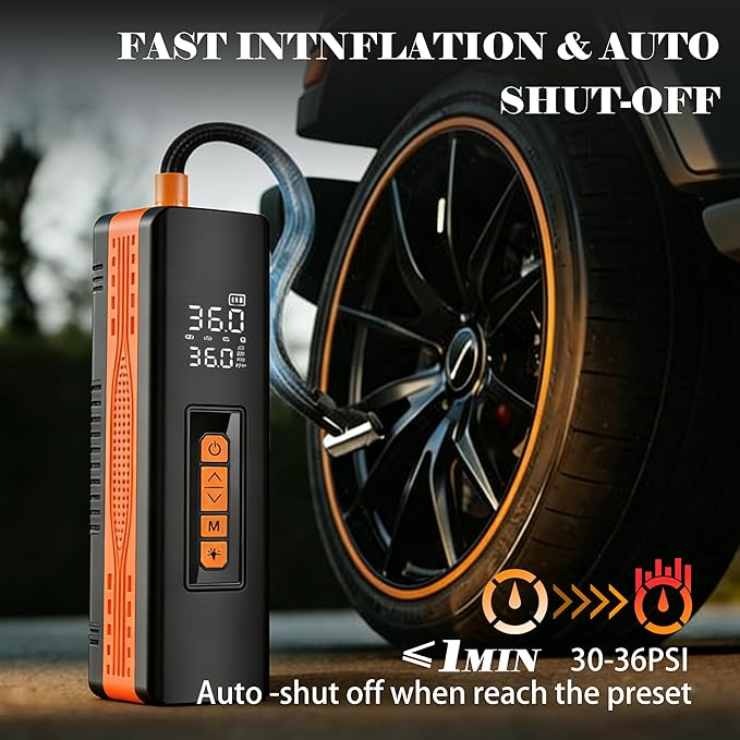 Tire Inflator Portable Air Compressor, 5X Faster 150 PSI Portable Tire Inflator for Car, Built-in Magnetic Storage, Auto Shut-Off Cordless Air Pump, LED Light for Cars, Motor, Bikes (Orange and black)