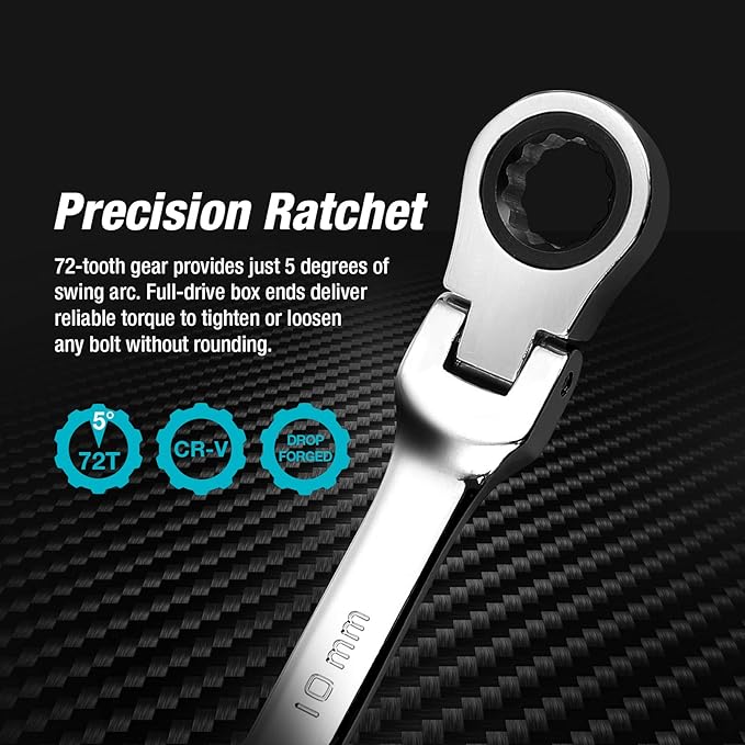 DURATECH Flex-Head Ratcheting Wrench Set, Combination Wrench Set, 72 Tooth, Metric, 12-piece, Size Covers 8-19mm, CR-V Steel, with Rolling Pouch