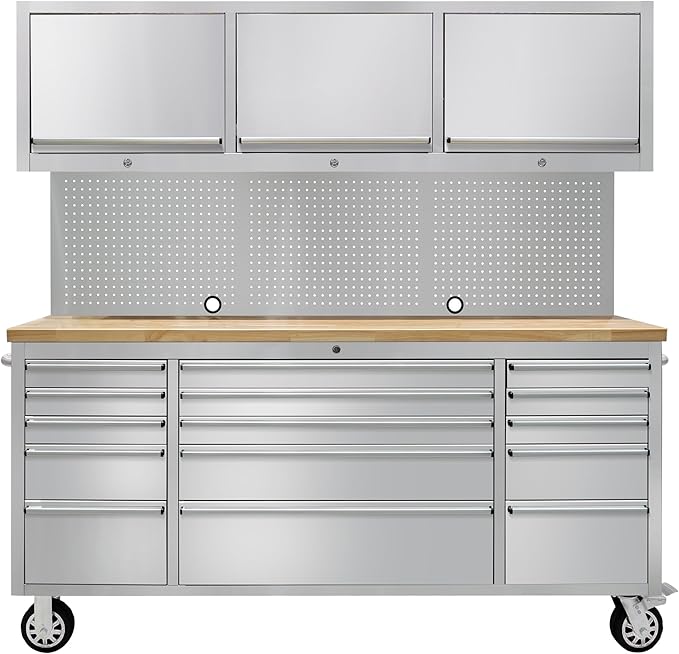 CT Copper Tailor 72-inch Tool Chest Cabinet Rolling Garage Workbench with 15 Storage Drawers and Wheels, 3 Upper Cabinet, Pegboard, Steel Large Tool Box,Stainless Steel