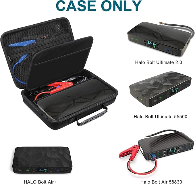 Canboc Hard Carrying Case for Halo Bolt Ultimate 2.0 3.0/ Halo Bolt Ultimate 55500/ Halo Bolt Air+ 1750 Portable Vehicle Jump Starter, Mesh Pocket fit Jump Cables, AC Outlet, Charger, Black