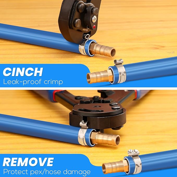 2 IN 1 Ratchet Pex Crimping Tool Cinch and Remove Combo Function Pex Pipe Crimp Tool from 3/8" to 1" Pex Crimper with Pex Cutter and Stainless Steel Pex Clamps 1/2" 25PCS,3/4" 10PCS