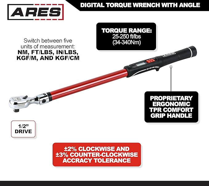 ARES 43008-1/2-Inch Drive Flex Head Electronic Digital Torque and Torque Angle Wrench - 25-250 ft/lbs (34-340Nm) - Reversible Sealed Head - Multi-Alert Prevents Over-Torquing