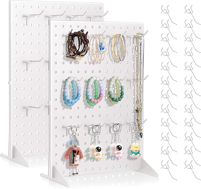 Acfunique 2 Pack Peg Board Display Stand for Vendors with 24 Hooks Metal Tabletop Pegboard Display Stand for Craft Shows 17" X 13" Retail Display Racks Peg Board Organizer Holder White