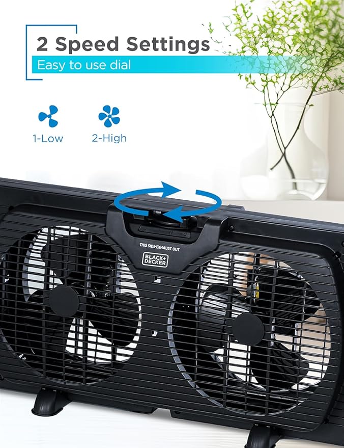 BLACK+DECKER 9" Dual Window Fan with 2 Speed Settings, Twin Fan Heads with Mechanical Dial Control, Removable Legs, For Sliding Windows up to 33” W with Accordion Expanders, BFW9MB, Black