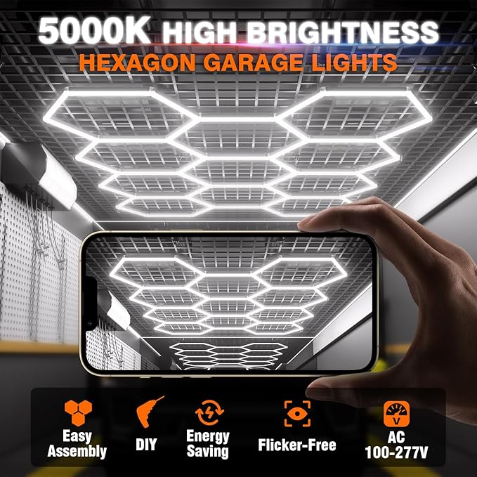 Hexagon Garage Lights, 11-Hex Lights Garage, Led Hexagon Lights, 460w, 55200lm, 5000k Ultra Bright, Modular Honeycomb Shop Light for Gym Lighting, Car Detail Lighting, Warehouse