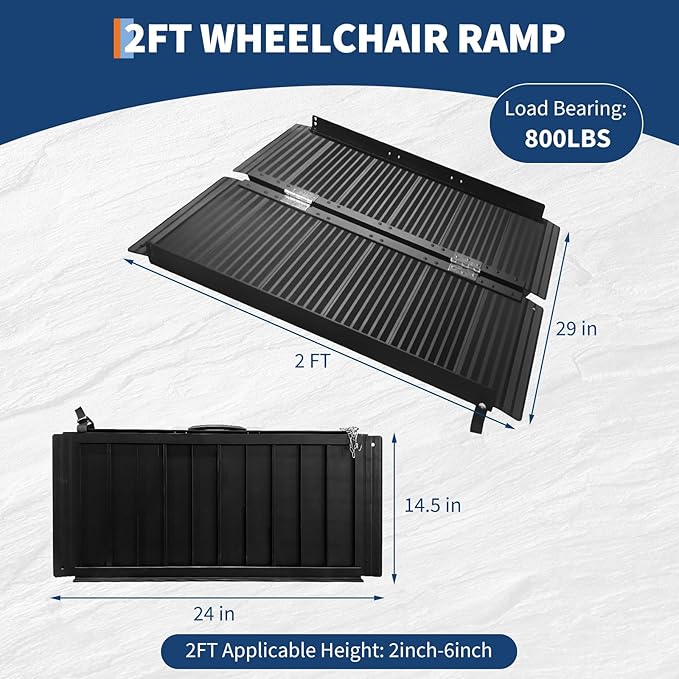 2FT Portable Wheelchair Ramp, Black Non-Slip Aluminum Wheelchair Ramp with Handle, Folding Ramps for Home Steps, Doorways, Thresholds, Curbs, Stairs, 800 LBS Capacity