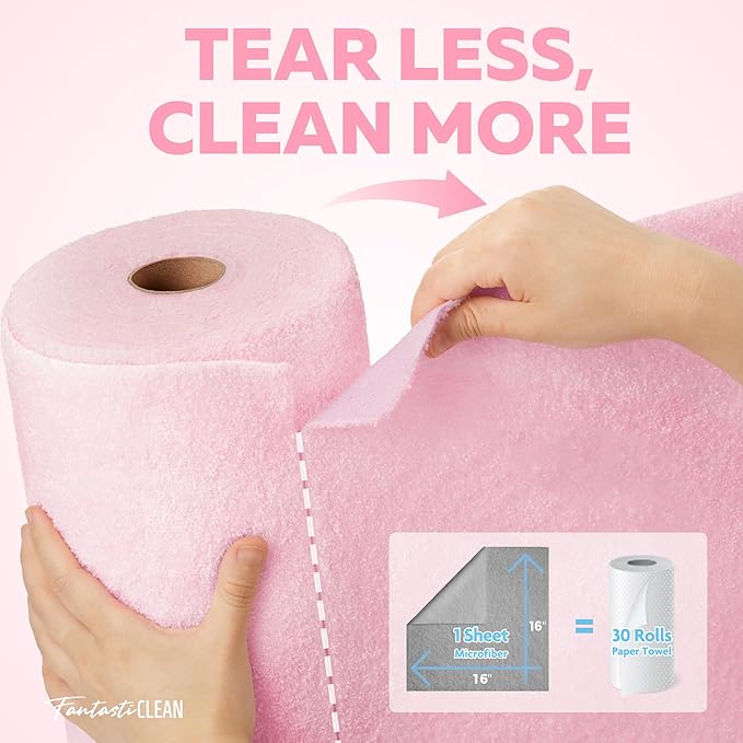 Fantasticlean Tear-Away Microfiber Cleaning Cloth Roll, 12'' by 12''- 36 Sheets, Thick & Large Detailing Towels, Ultra Absorbent, Lint-Free Reusable Wipes for Home, Car or Outdoor (Glossy Pink)