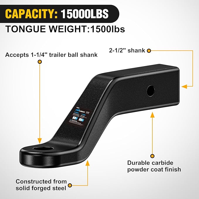 Nilight Trailer Hitch Ball Mount with 5/8" Hitch Pin Clip Fits 2-1/2 Inch Receiver Square 15000 lbs 4" Drop, 2-1/2" Rise, 1-1/4-Inch Hole, Gloss Black Powder Coat