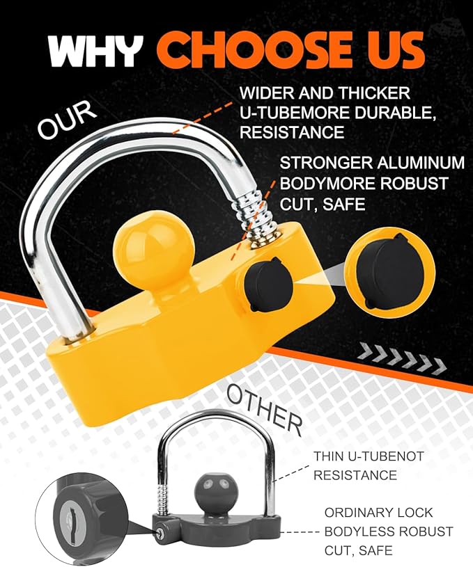 DEEAGLE Trailer Ball Coupler Lock, Heavy Duty Trailer Ball Hitch Lock Fits 1-7/8 Inch, 2 Inch, 2-5/16 Inch Couplers, Hitch Lock with Keys, Yellow