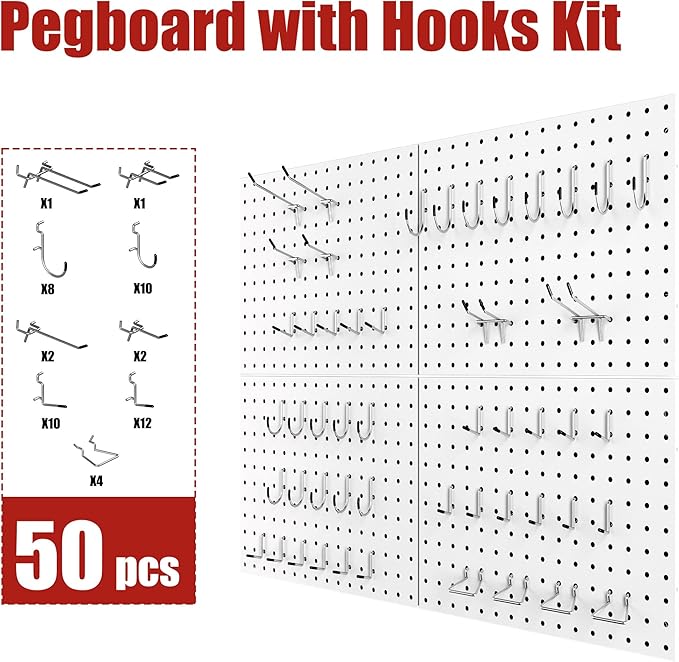 4 Pack Metal Pegboard Panels with 50 Hooks, White Pegboard Wall Organizer, Pegboard Accessories, Heavy Duty Garage Tool Storage System for Workbench, Workshop, Office, Craft Room