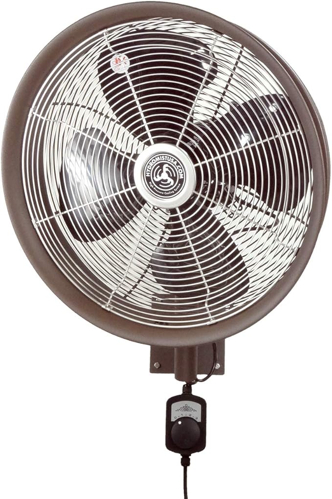 HydroMist Oscillating Wall Mounted Outdoor-Rated Fan, 3-Speed Cord Control, Hard Resin Mold-Resistant Fan Blade with Mounting Bracket and Black Vinyl Cover, Very Quiet Running, 18”, Dark Brown