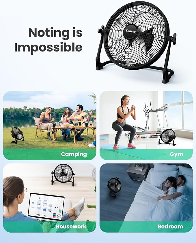 14" Portable Battery Operated Fan, Rechargeable Floor Fan, Hi-Velocity Cordless Camping Fan, USB Phone Charge, 12-60H Runtime, Quiet, Wireless, For Gym Shed Travel Home Outdoor Garage Tent Car Barn